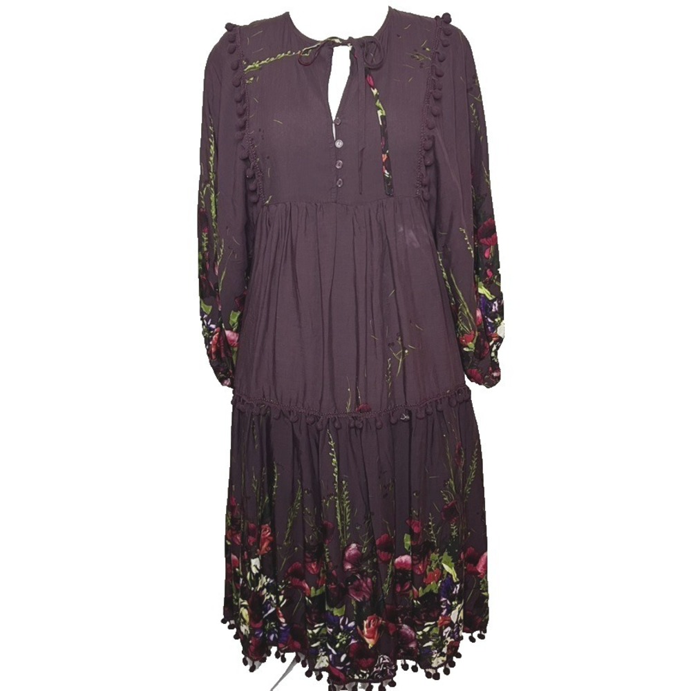 Jaase Whimsigoth Babydoll Dress L Floral Pom Poms Midi Boho Peasant‎ Australia